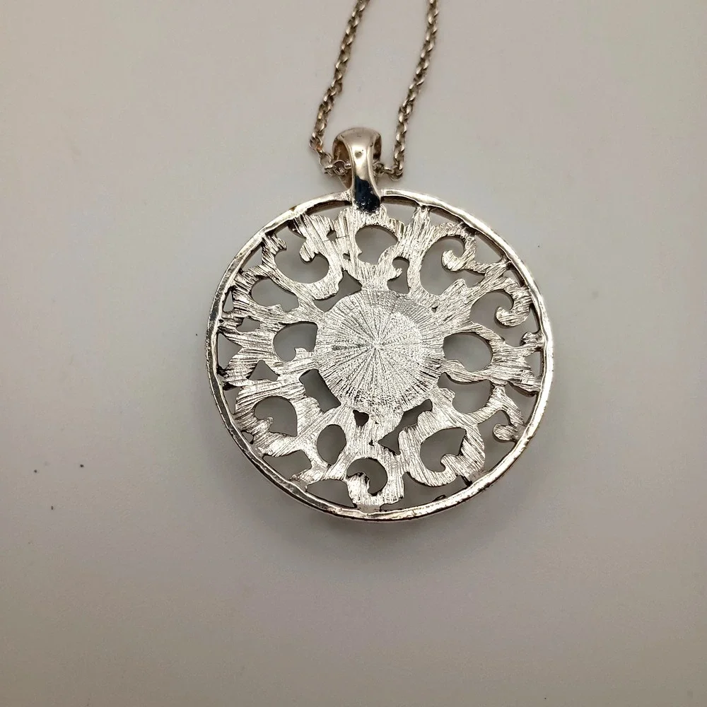 Etienne Aigner Silver-Tone Filigree Round Semi-Precious Pendant Necklace w/‎ Box